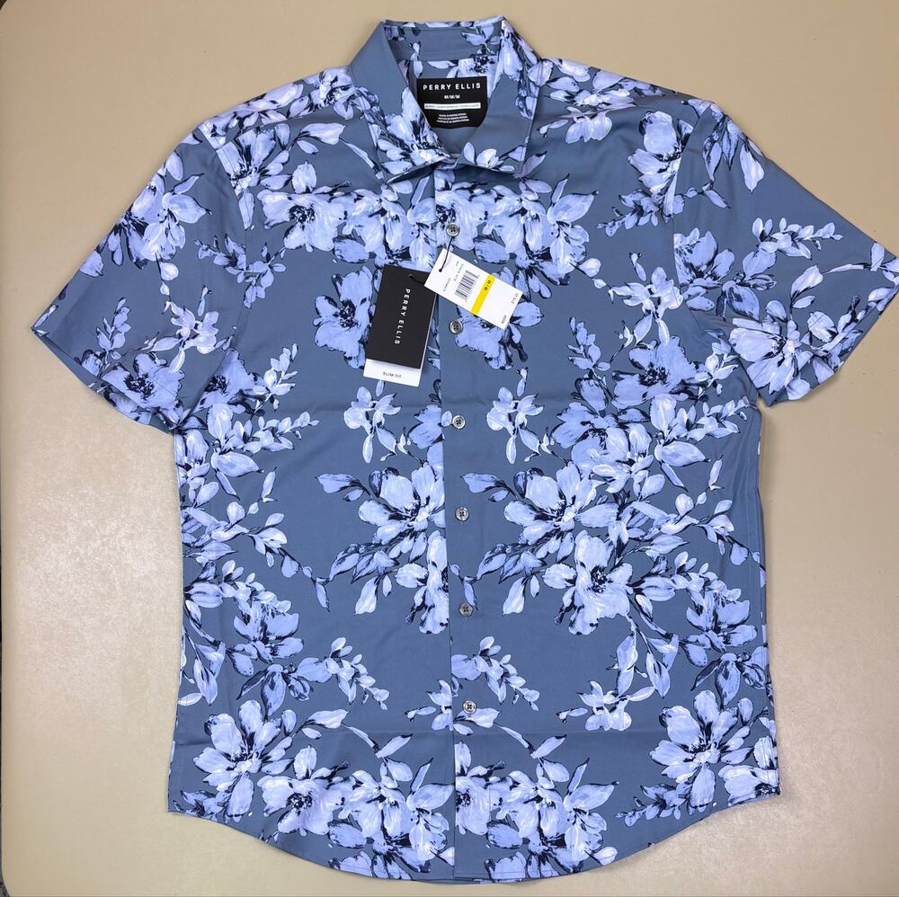 Perry Ellis Men’s Medium Slim Fit Blue Floral Short Sleeve Button Down Shirt NWT